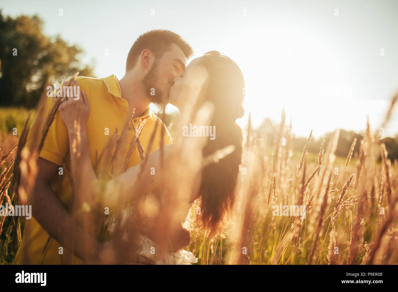 Junge verliebte Paar Küsse und Umarmungen am Wiese gegen den Hintergrund von Gras und Spikes. Mit Hintergrundbeleuchtung. Stockfoto