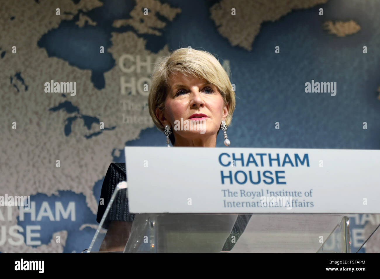 London/Großbritannien - 18. Juli 2018: Julie Bishop, der australische Minister für auswärtige Angelegenheiten, bei der Denkfabrik Chatham House in London. Quelle: Dominic Dudley/Alamy leben Nachrichten Stockfoto