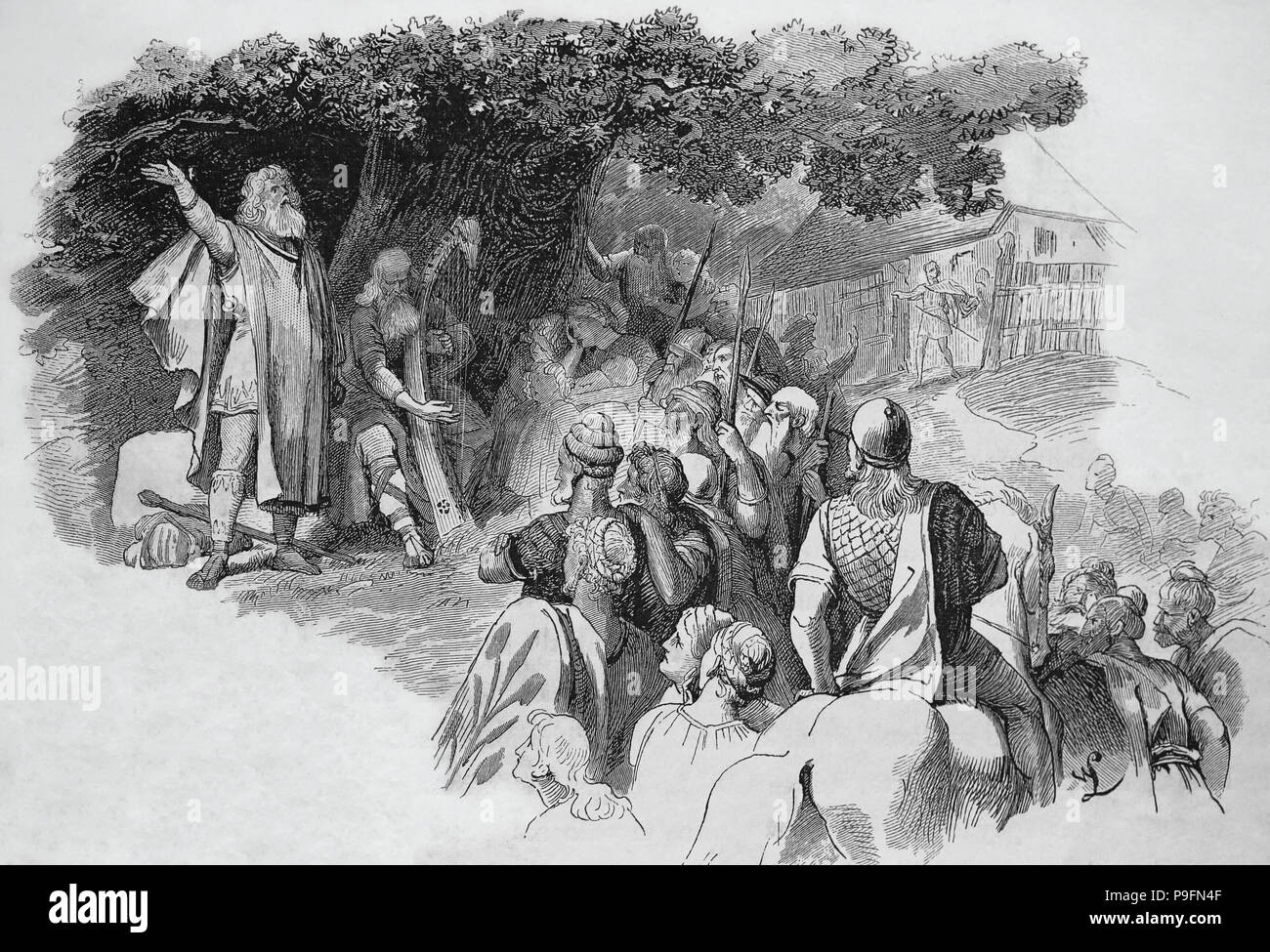 Germanische Barden (Dichter). Gravur der Germania, 1882, Stockfoto