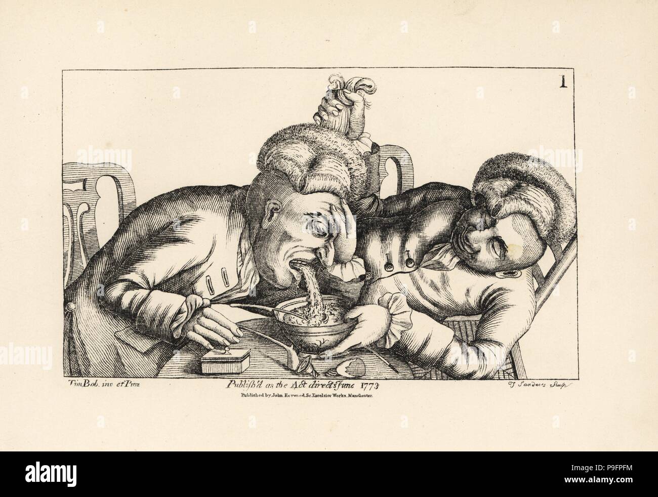 Zwei Betrunkene an einem Tisch, einem Erbrechen, während ein anderer hält seine Perücke, es zu stoppen, die in der Schüssel. Kupferstich von Thomas Sanders nach einer satirischen Darstellung von Timothy Spule (John Collier) von menschlichen Leidenschaften abgegrenzt, John Haywood, Manchester, 1773. Stockfoto