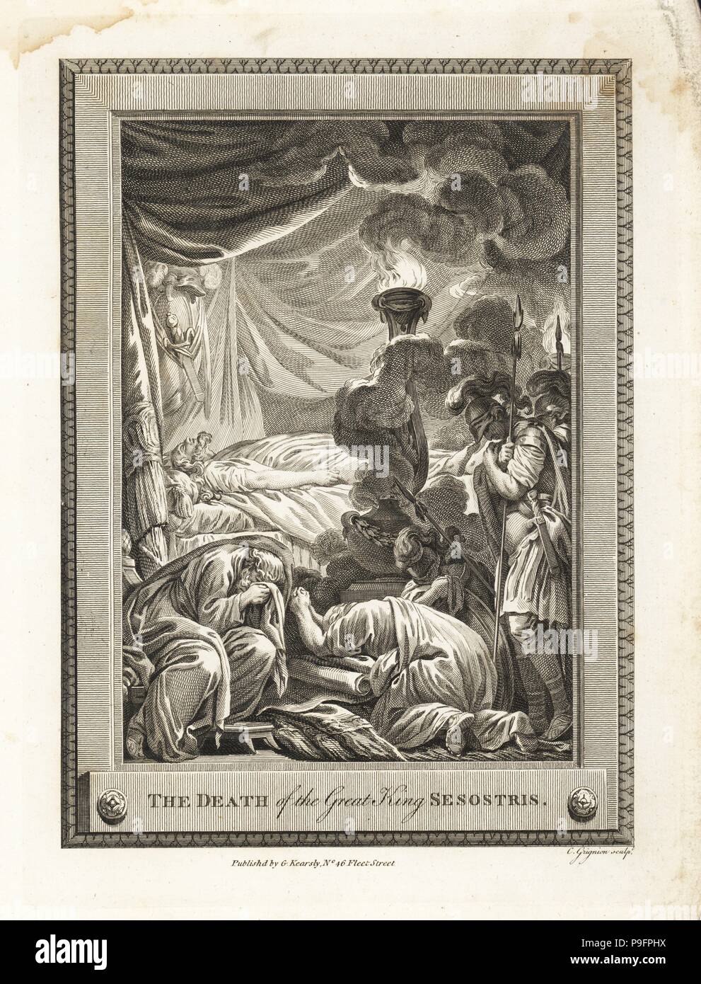 Der Tod des großen Königs Sesostris. Kupferstich von C. Grignion von der Kupferplatte Magazin oder monatliche Schatz, G. Kearsley, London, 1778. Stockfoto