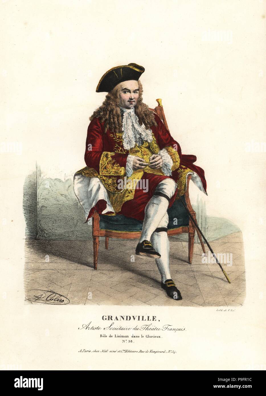 Charles Francois Grandin Grandville als Lisimon in Le Glorieux durch Nericault Destouches, Theatre Francais, 1824. Handkoloriert Lithographie von F. Noel nach einer Illustration von Alexandre-Marie Colin aus Porträts d'Acteurs et d'Actrices Dans verschiedene Rollen, F. Noel, Paris, 1825. Stockfoto