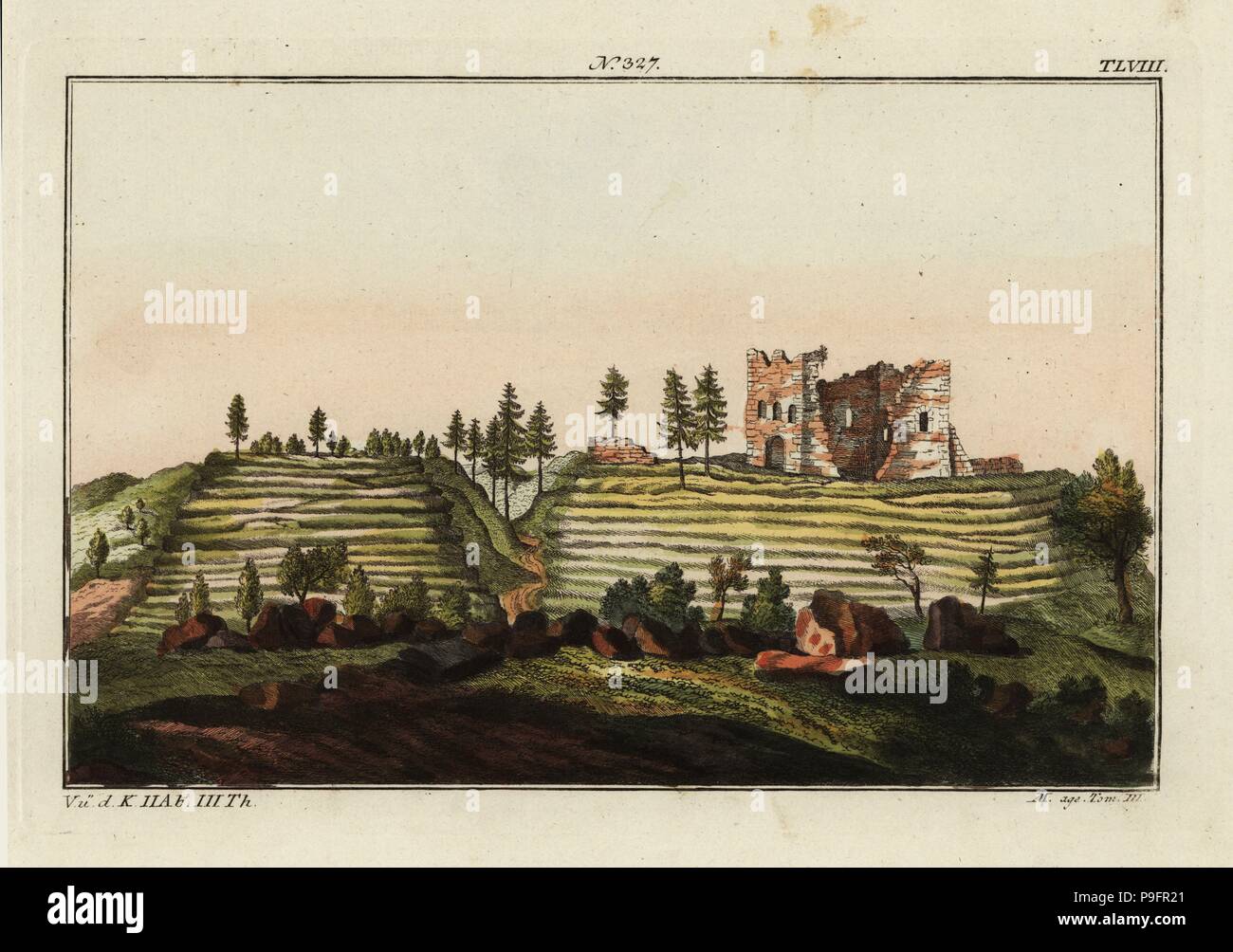 Ruine der Burg ist eine alte Ritter. Papierkörbe Kupferstich von Robert von Spalart das historische Bild der Kostüme der wichtigsten Menschen der Antike und des Mittelalters, Chez Collignon, Metz, 1810. Stockfoto