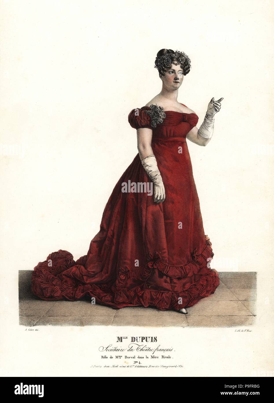 Fräulein Rose Dupuis als Madame Dorval in La Mere Rivale von Casimir Bonjour, Theatre Francais. Handkoloriert Lithographie von F. Noel nach einer Illustration von Alexandre-Marie Colin aus Porträts d'Acteurs et d'Actrices Dans verschiedene Rollen, F. Noel, Paris, 1825. Stockfoto