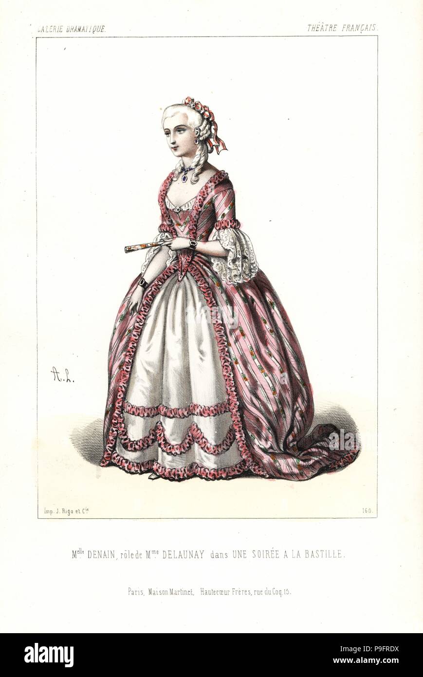 Mlle. Denain oder Pauline-Leontine - Elisabeth-Desiree Mesnage als Mme. Delaunay in Decourcelle's Une Soiree a la Bastille, Theater Francais, 1845. Papierkörbe Lithographie nach einer Zeichnung von Alexandre Lacauchie von Victor dollet's Galerie Dramatique: Kostüme des Theater de Paris, Paris, 1845. Stockfoto