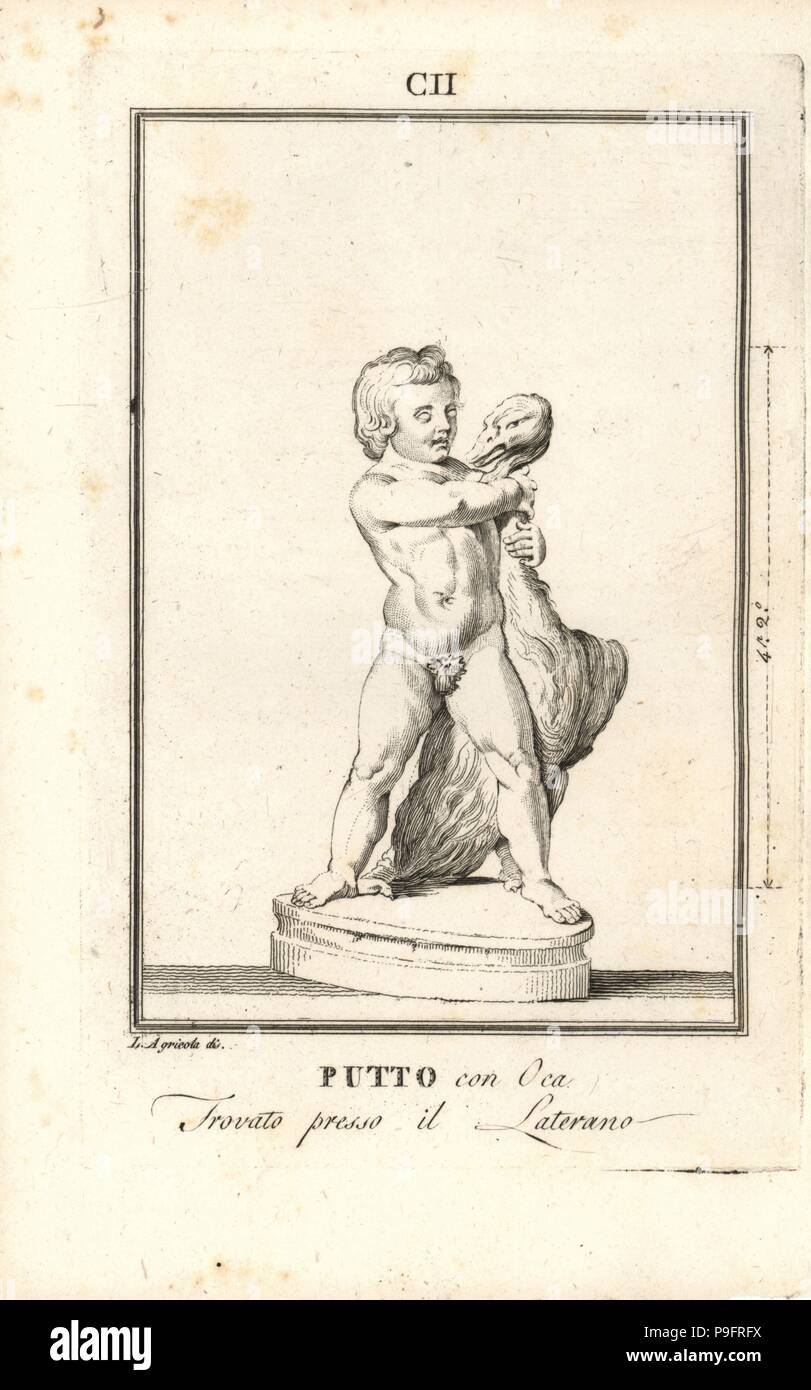 Putte oder Cherub mit Gans. Kupferstich nach einer Illustration von L. Agricola von Pietro Paolo Montagnani-Mirabili Il Museo Zeitabschnittes (The Capitoline Museum), Rom, 1820. Stockfoto