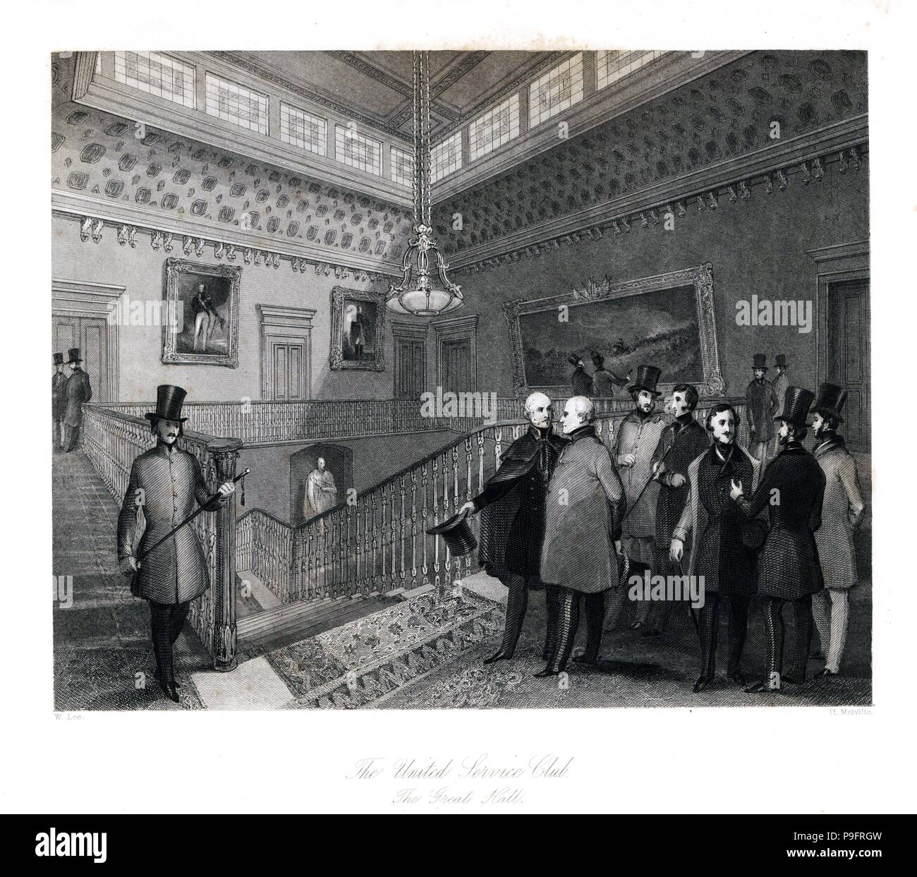 Die große Halle an der United Service Club. Stahlstich von Henry Melville nach einer Illustration von William Lee aus London Interieur, ihre Kostüme und Zeremonien, Joshua Mead, London, 1841. Stockfoto