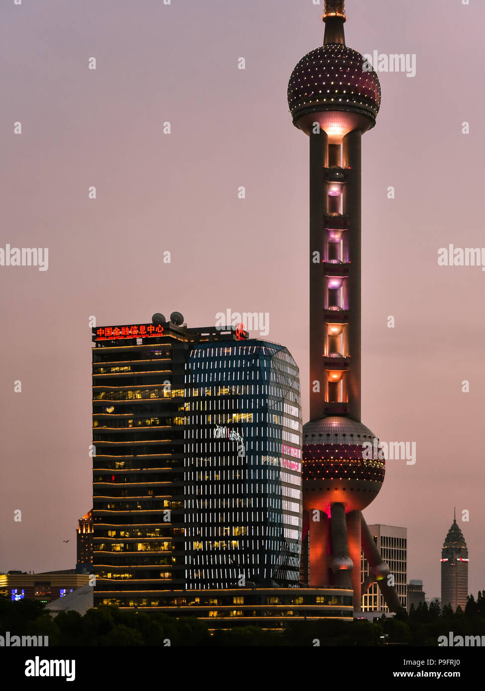 Neue Pudong, Shanghai/China - Jan. 24, 2018: Am frühen Abend Blick auf Oriental Pearl Radio & TV Tower, Shanghai, China. Stockfoto