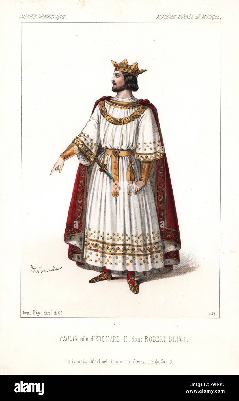 Tenor Sänger Louis Paulin als König Edward II. von England in der Pastiche oper Robert Bruce von Gioachino Rossini, Academie Royale de Musique, 1846. Papierkörbe Lithographie nach einer Zeichnung von Alexandre Lacauchie von Victor dollet's Galerie Dramatique: Kostüme des Theater de Paris, Paris, 1846. Stockfoto