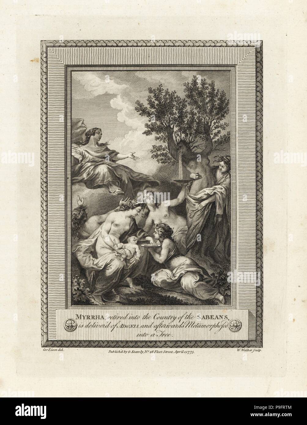 Sogenannte Myrrha gebiert Adonis und ist in einem myrrhe Baum verwandelt. Kupferstich von W. Walker nach einer Illustration von Charles Eisen aus der Kupferplatte Magazin oder monatliche Schatz, G. Kearsley, London, 1778. Stockfoto