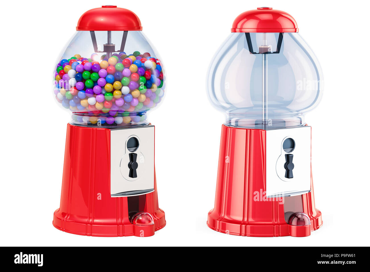 Volle gumball Machine und leere Kaugummi Spender. 3D-Rendering auf weißem Hintergrund Stockfoto