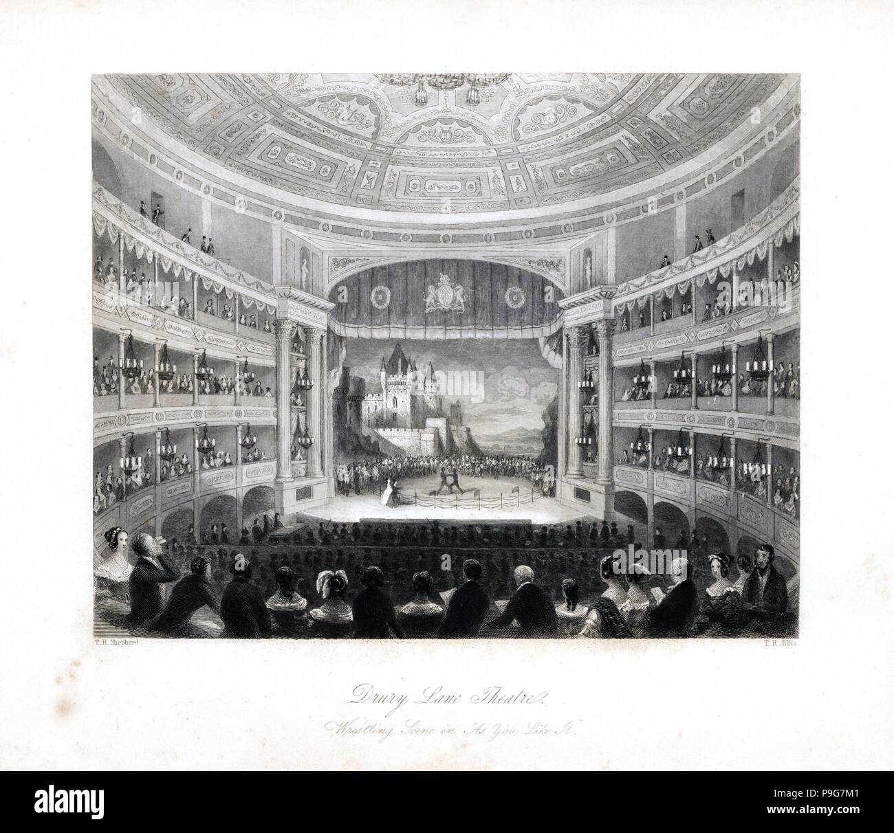 Wrestling Szene aus Shakespeares Wie es Euch gefällt, Drury Lane Theatre. Stahlstich von T.H. Ellis nach einer Illustration von Thomas Hosmer Shepherd aus London Interieur, ihre Kostüme und Zeremonien, Joshua Mead, London, 1841. Stockfoto