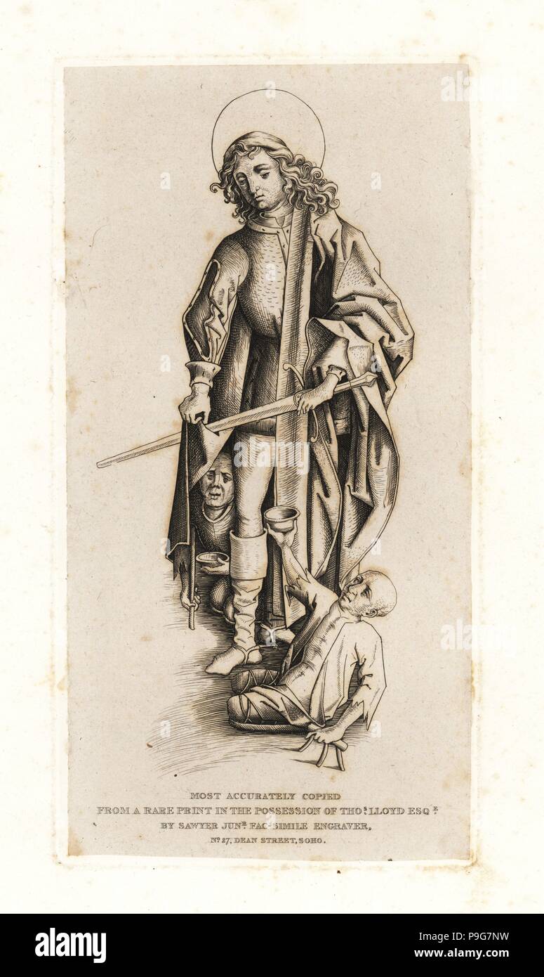 Portrait von Saint Martin, Schutzpatron der Bettler und Vagabunden, mit zwei behinderte Bettler zu seinen Füßen. Von einem unbekannten deutschen Künstler circa 1460. Von einem seltenen Drucken in den Besitz von Thomas Lloyd durch Sawyer Jr. Faksimile Kupferstich Stecher von John Thomas Smith's Vagabondiana, Anekdoten von bettelmönch Wanderers durch die Straßen von London, 1817 kopiert. Stockfoto