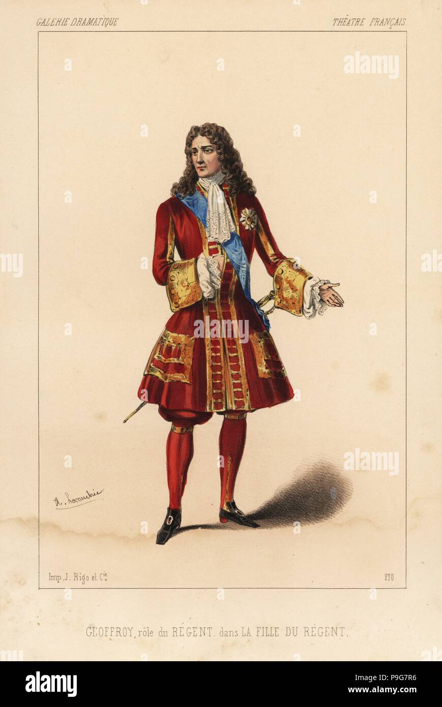 Edmond Geoffroy als Regent in La Fille du Regent von Alexandre Dumas, Theater Francais, 1846. Papierkörbe Lithographie nach einer Zeichnung von Alexandre Lacauchie von Victor dollet's Galerie Dramatique: Kostüme des Theater de Paris, Paris, 1846. Stockfoto