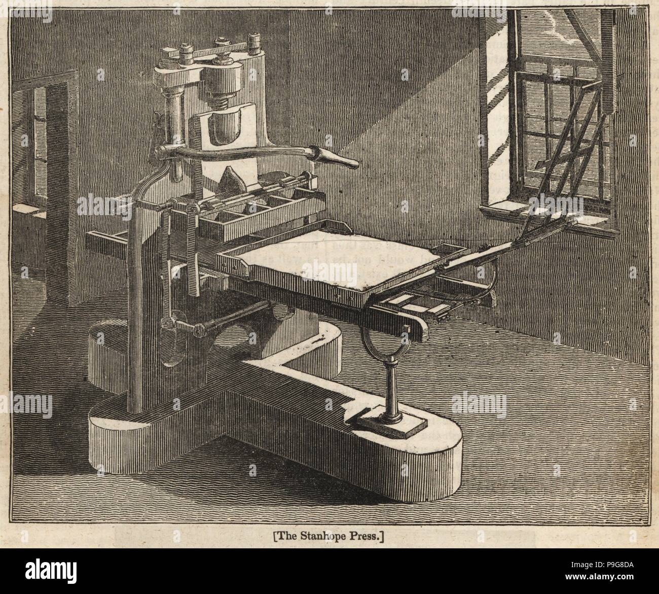 Die erste Druckerpresse erfunden von Charles Stanhope, 3rd Earl Stanhope. Holzschnitt Kupferstich aus dem Penny Magazine, Gesellschaft für die Verbreitung von Kenntnissen, 1833. Stockfoto