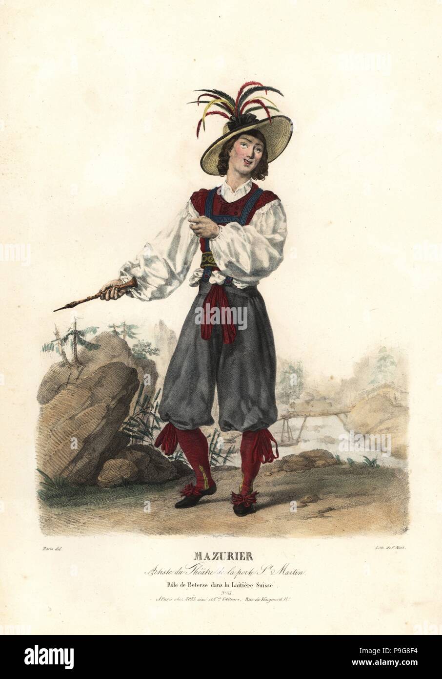 Tänzerin und MIME Charles-François Mazurier als Beterse im Ballett-pantomime La Laitiere Suisse, die Schweizer Milchmädchen von Antoine Titus und Frederic-Auguste Blache, Theater le La Porte St.Martin, 1823. Handkoloriert Lithographie von F. Noel nach einer Illustration von Lavigne Marin von Porträts d'Acteurs et d'Actrices Dans verschiedene Rollen, F. Noel, Paris, 1825. Stockfoto