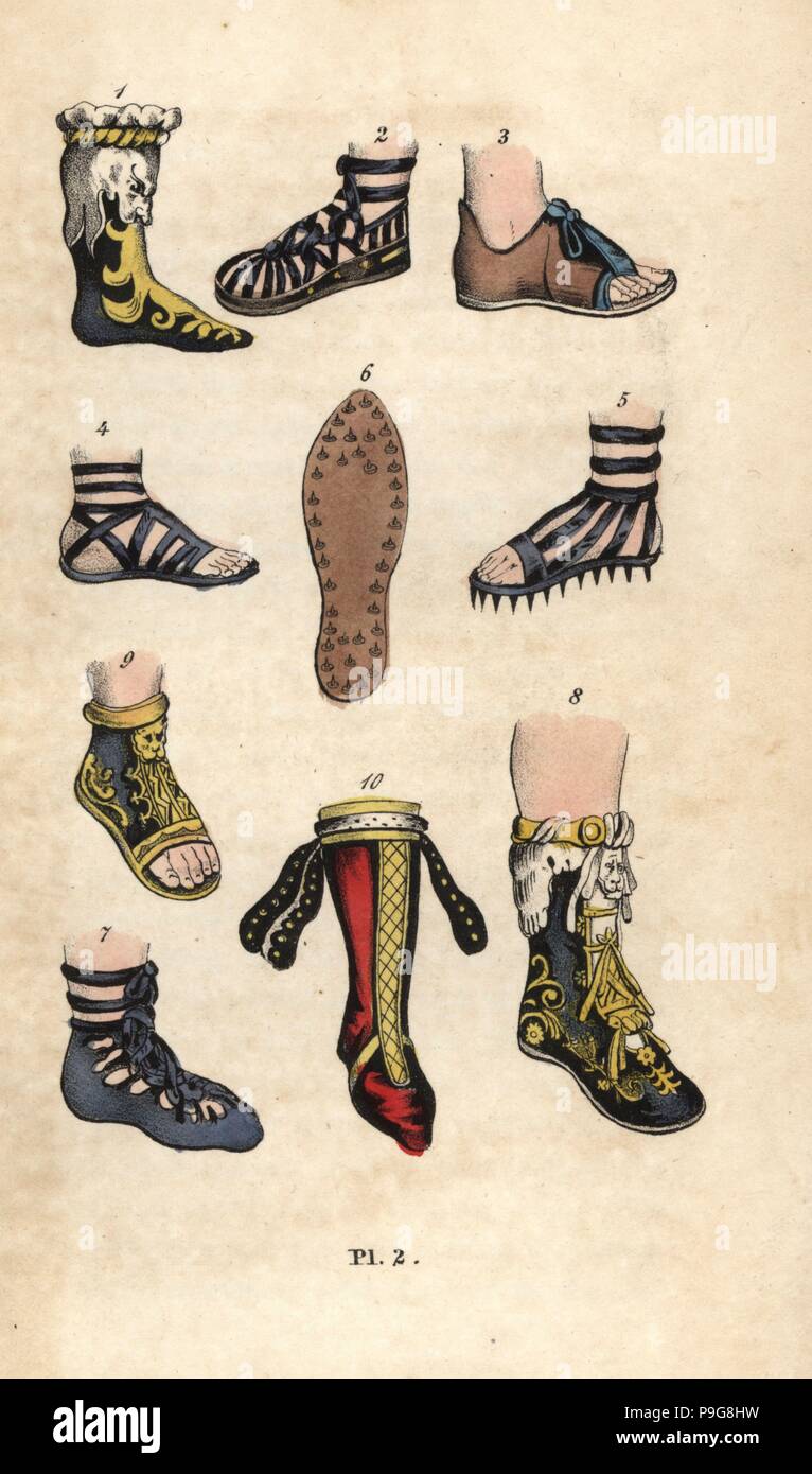 Schuhe, Stiefel und Sandalen des antiken Roms. Cothurnus boot1, rustikale  Sandalette 2, geöffnet - toe Shoe 3, Sandale von Centurion 4, gespickt  Sandale für Marching 5, genagelt Sandale Sandale schuh Sohle 6,