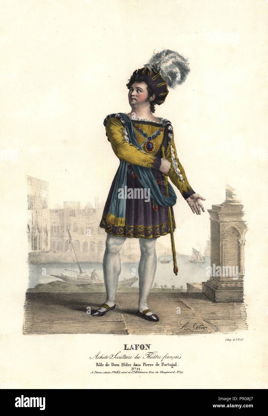 Pierre Lafon als Dom Pedre in Pierre de Portugal, von Lucien Arnault, Theater Francais, 1823. Papierkörbe Lithographie von F. Noel nach einer Illustration von Alexandre-Marie Colin Lavigne Marin von Porträts d'Acteurs et d'Schauspielerinnen unterschiedlichen Rollen dans, F. Noel, Paris, 1825. Stockfoto