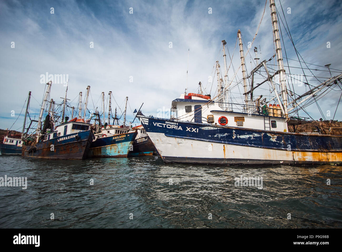 Bericht der Fischerhafen von Guaymas Sonora. Reportaje del Puerto pesquero de Guaymas Sonora. Stockfoto