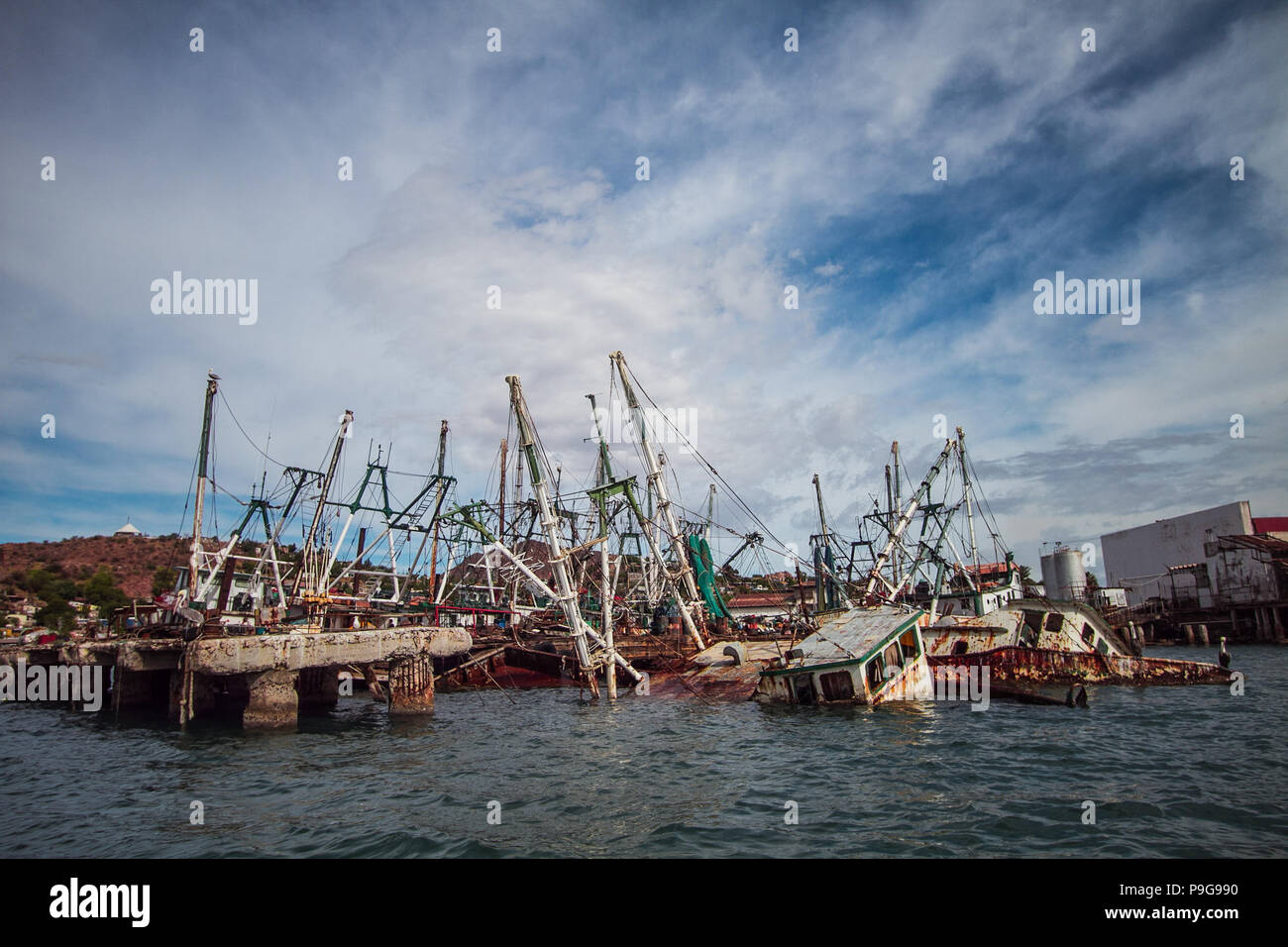 Bericht der Fischerhafen von Guaymas Sonora. Reportaje del Puerto pesquero de Guaymas Sonora. Stockfoto