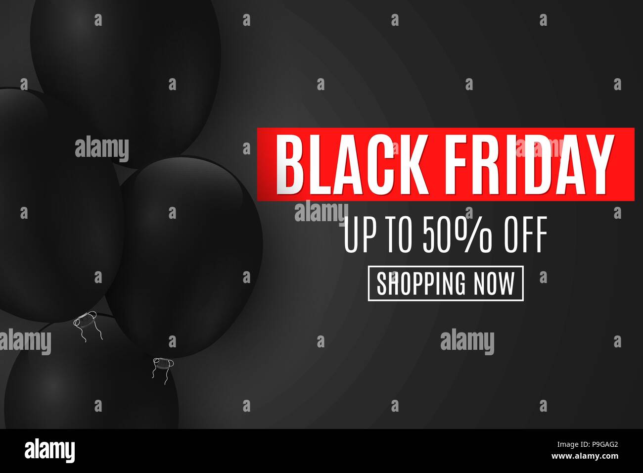 Hintergrund für Black Friday sale. Schwarze Luftballons auf einem dunklen Hintergrund mit Text. Große Rabatte. Für Ihr Unternehmen. Web Banner. Vektor illustra Stock Vektor