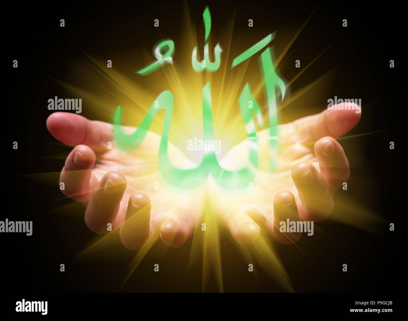 Hand umschloss und Halten oder Anzeigen von Allahs Wort. Arabische Kalligraphie mit hellen, leuchtenden, strahlenden Licht. Konzept für den Islam, islamische, muslimischen, arabischen, Stockfoto