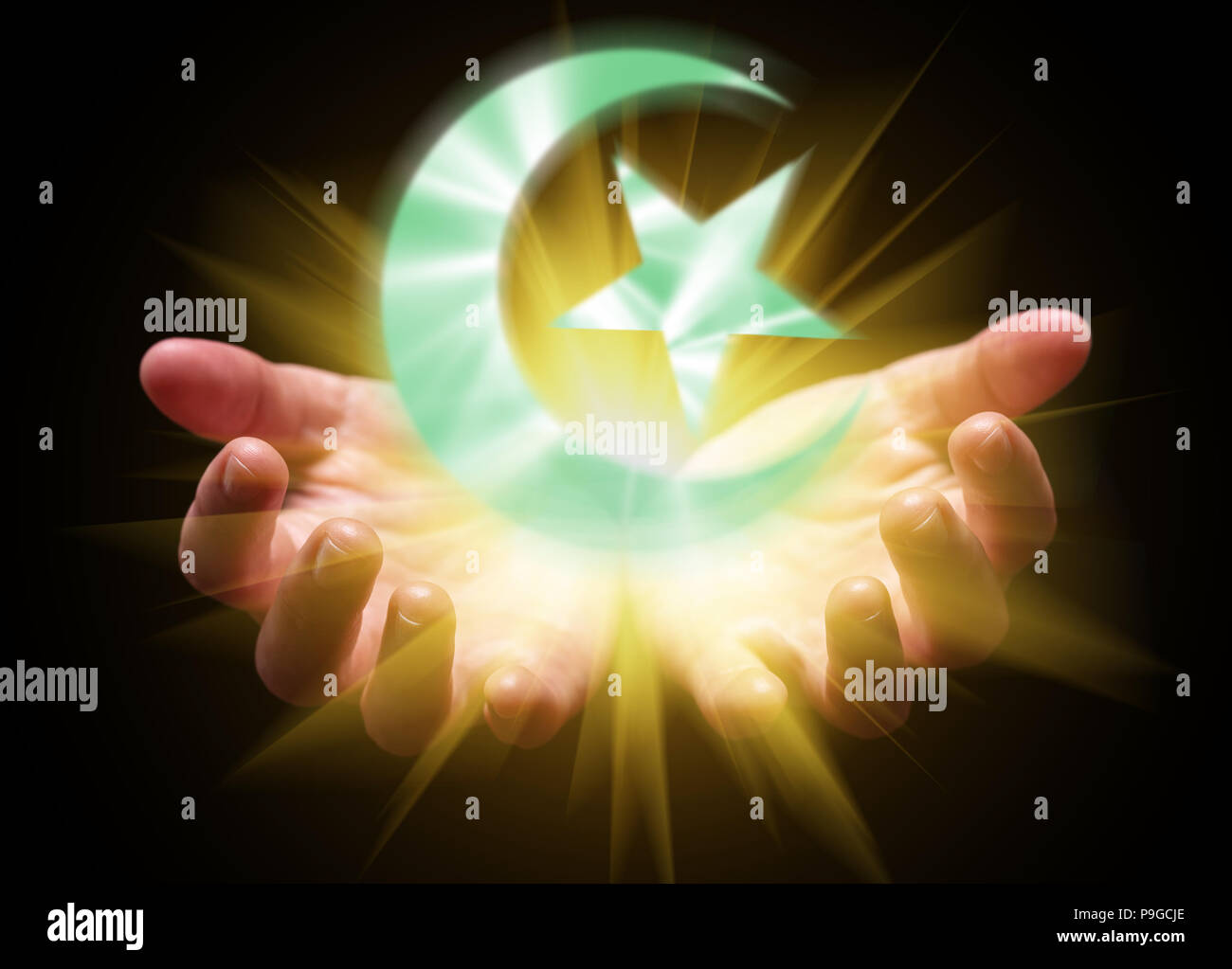 Hand umschloss und halten oder mit der Halbmond. Mond und Stern mit hellen, leuchtenden, strahlenden Licht. Konzept für den Islam, islamische, muslimischen, arabischen, Arabisch, Stockfoto