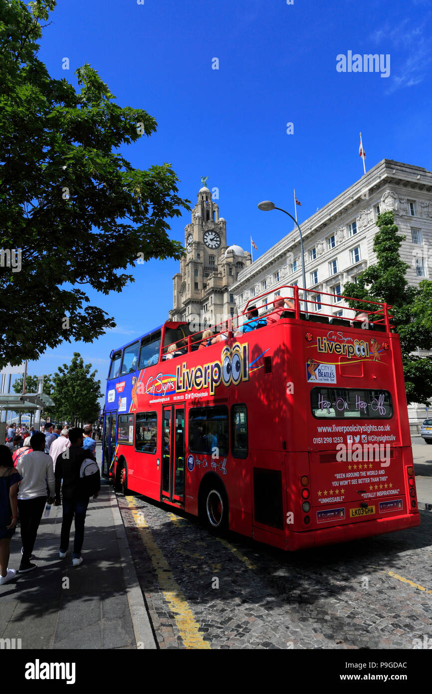 Touristen auf den Hop-on/Hop-off Bus, Liverpool, Merseyside, England, Großbritannien Stockfoto