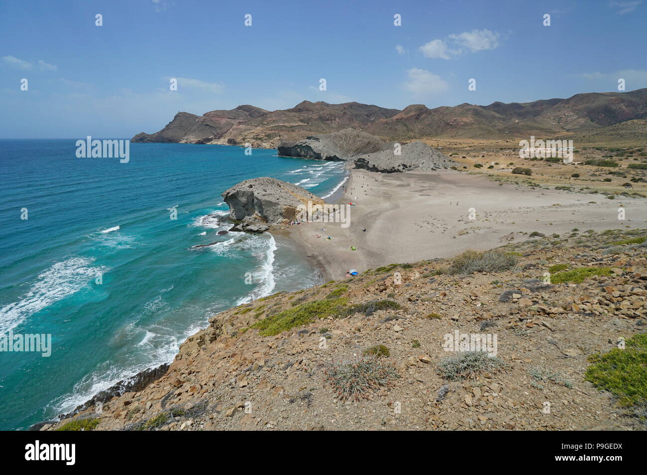 Küstenlandschaft im Cabo de Gata - Nijar Natural Park, Playa de Mónsul, Mittelmeer, Almeria, Andalusien, Spanien Stockfoto