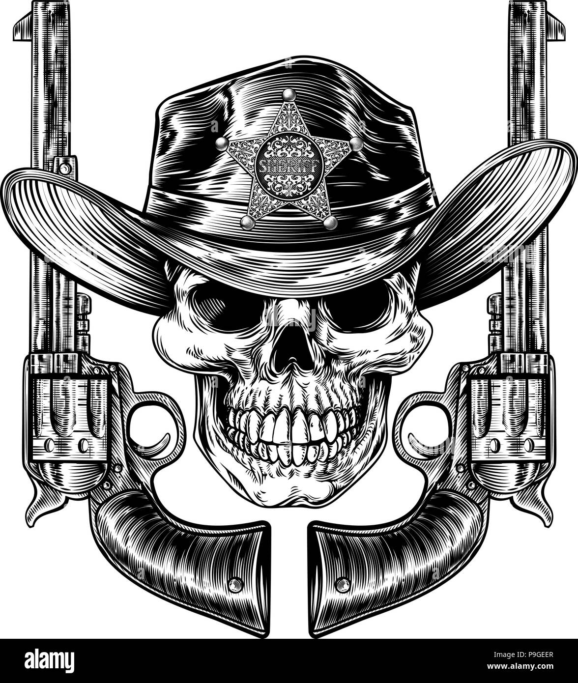 Sheriff Schädel und Pistole Faustfeuerwaffen Stock Vektor