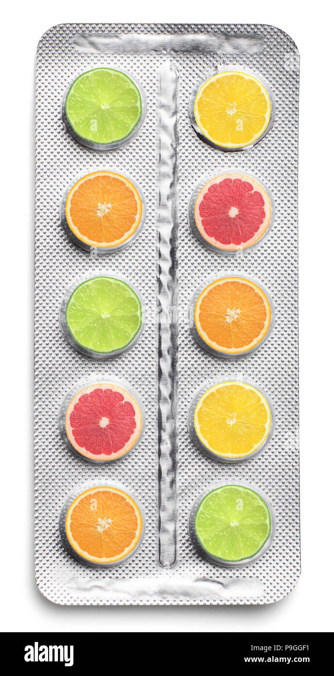 Frisches vitamin Pillen in einem Pack, auf weißem Hintergrund Stockfoto