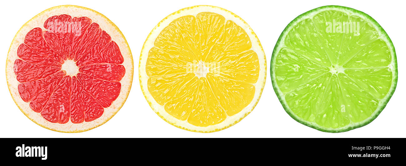 Citrus Slice, Grapefruit, Zitrone, Limette, auf weißem Hintergrund, Freistellungspfad Stockfoto