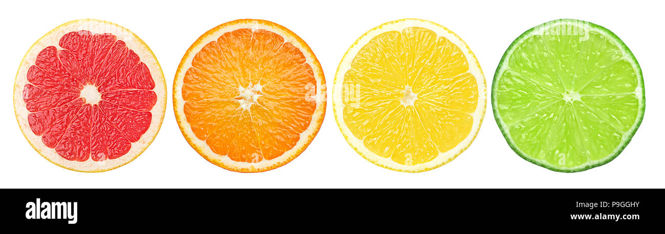 Citrus Slice, Grapefruit, Orange, Zitrone, Limette, auf weißem Hintergrund, Freistellungspfad Stockfoto