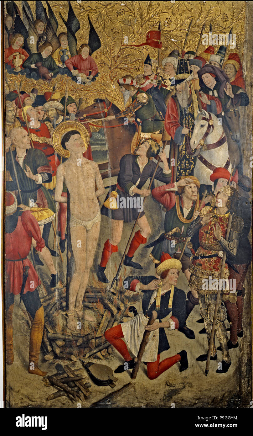 Altarbild von St. Vincent von Sarria, Detail von Saint Vincent auf dem Scheiterhaufen, von Jaume Huguet. Stockfoto