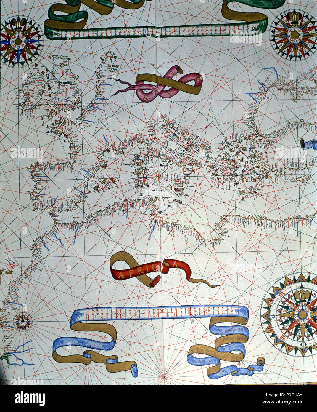 Atlas der Joan Martines, Messina, 1582. Portulan Diagramm, in Südeuropa und Küsten Nordafrikas. Stockfoto