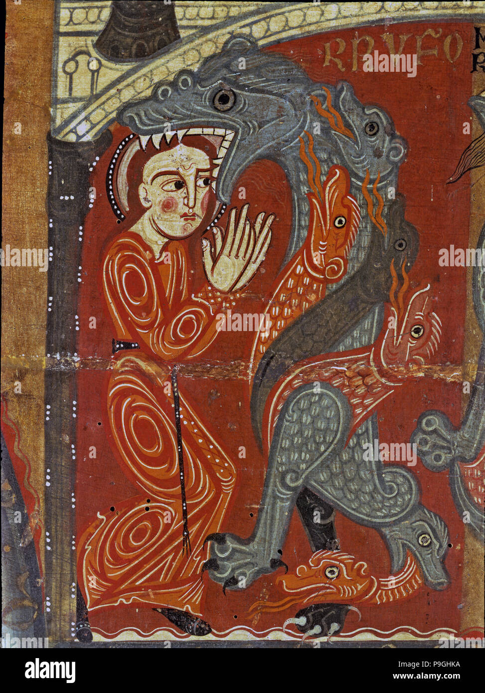 Detail der Altar in der Kapelle von Santa Margarita, mit einer Szene von einem Drachen verschlungen… Stockfoto