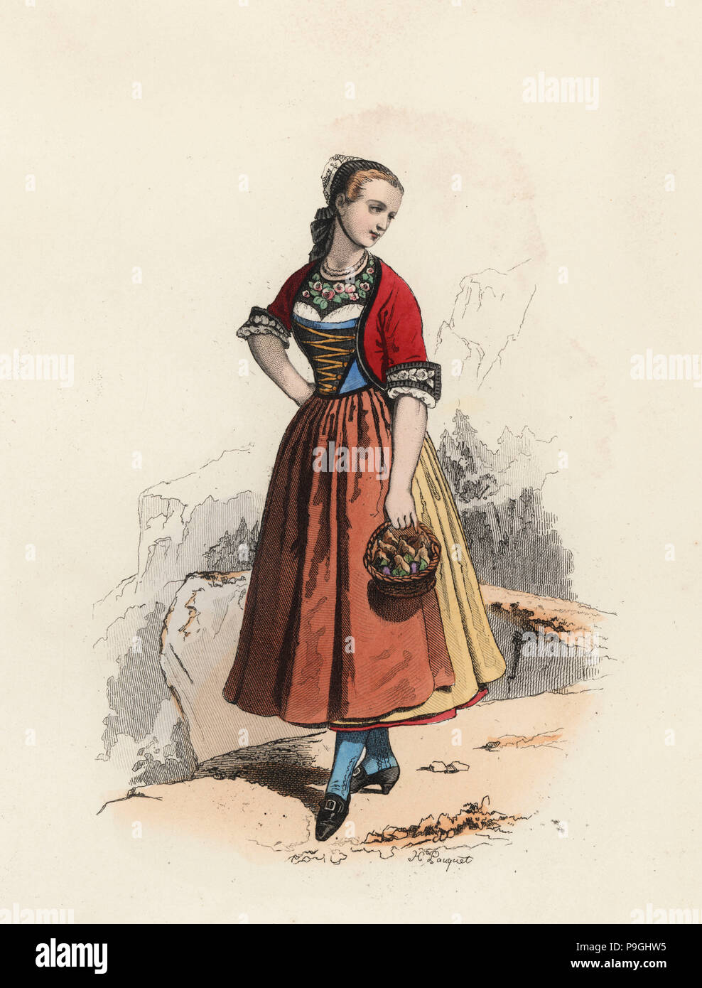 Junge Frau im Kanton Thurgovie (Schweiz), Farbe Gravur 1870 Stockfotografie  - Alamy