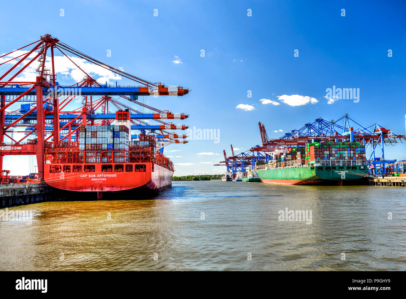 Containerschiffe im Hafen von Hamburg, Deutschland, Europa Stockfoto