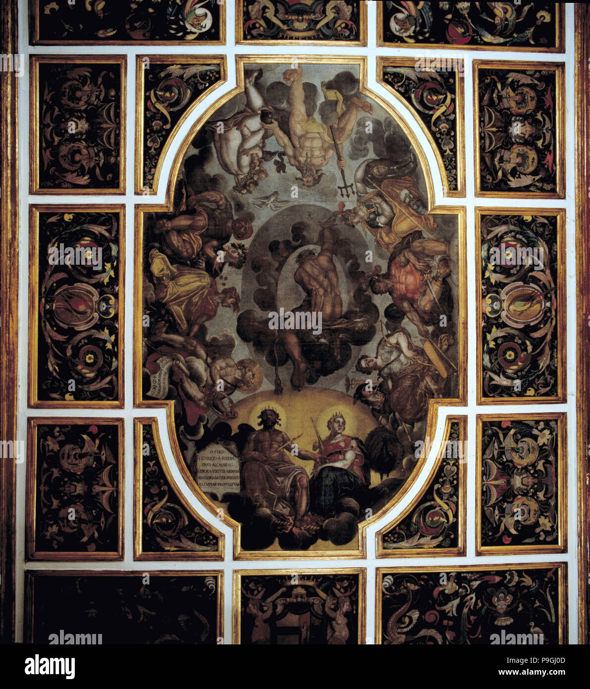 Anzeigen der Bilder in der Decke der zweiten Etage Zimmer, in das Haus des Pilatos Sevilla, b… Stockfoto