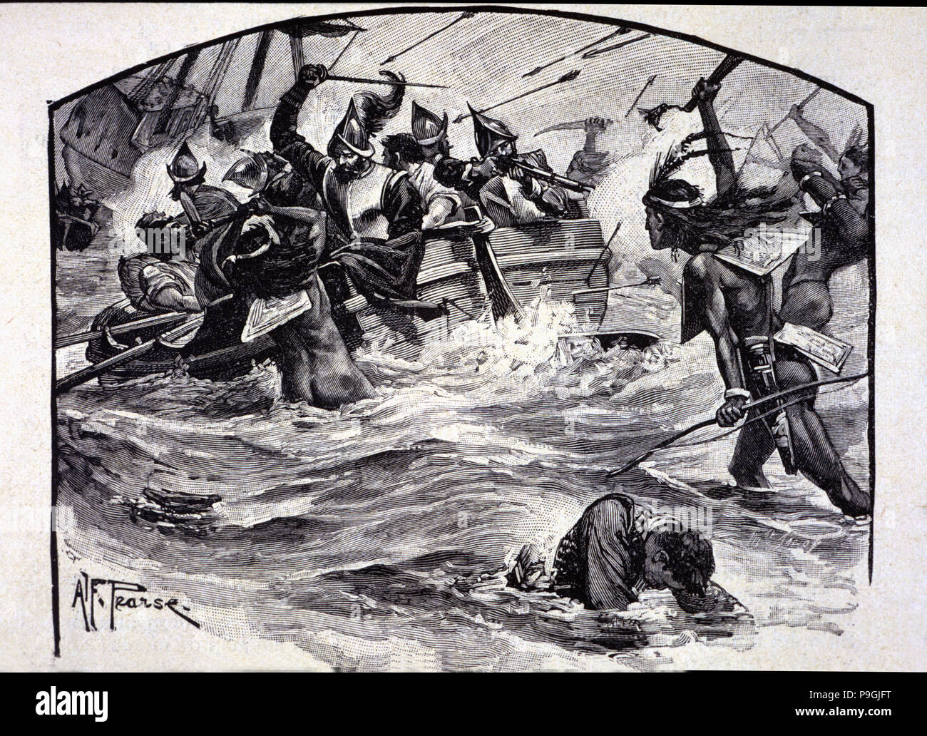Vicente Yáñez Pinzón lehnt den Angriff der Indianer nach der Entdeckung Brasilien am 28. Januar, 1 ... Stockfoto