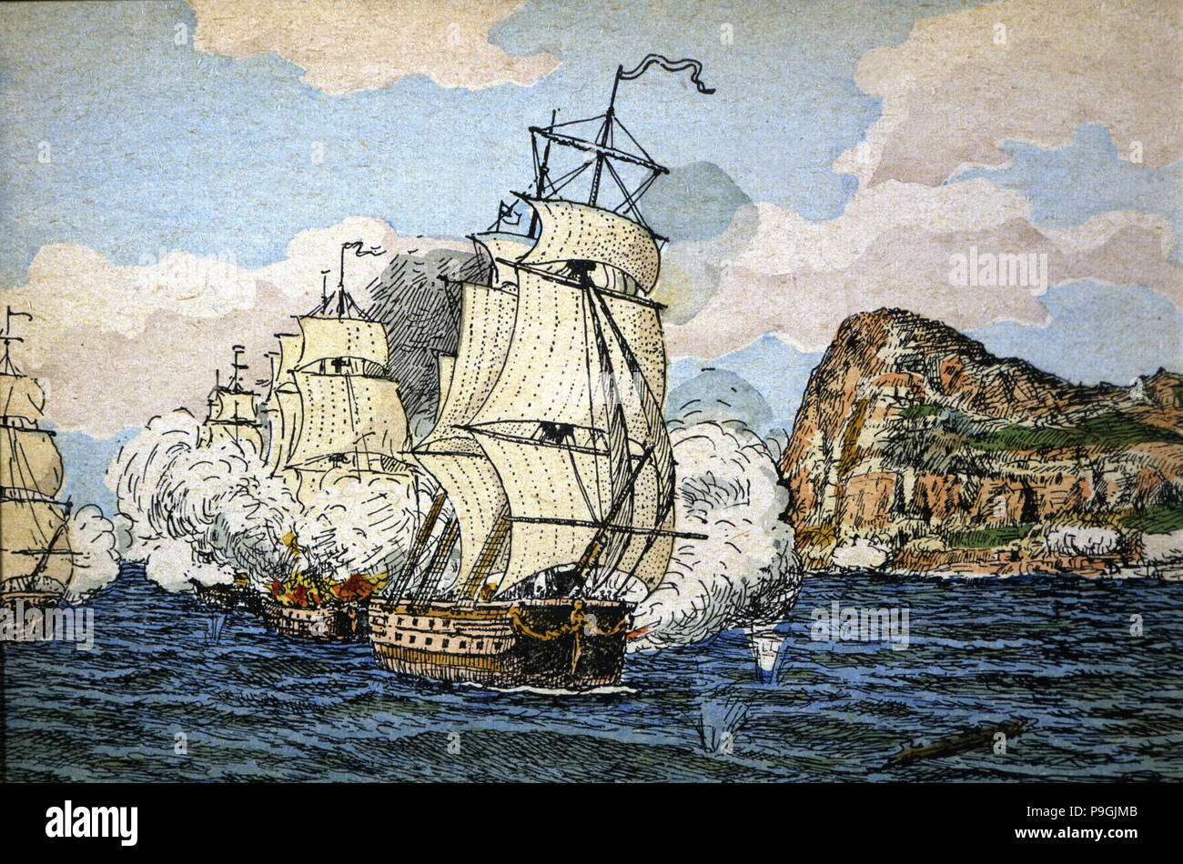 Belagerung und Verlust von Gibraltar durch die englische Flotte unter der Leitung von Admiral Rooke am 4. August 1704 belagert. Stockfoto