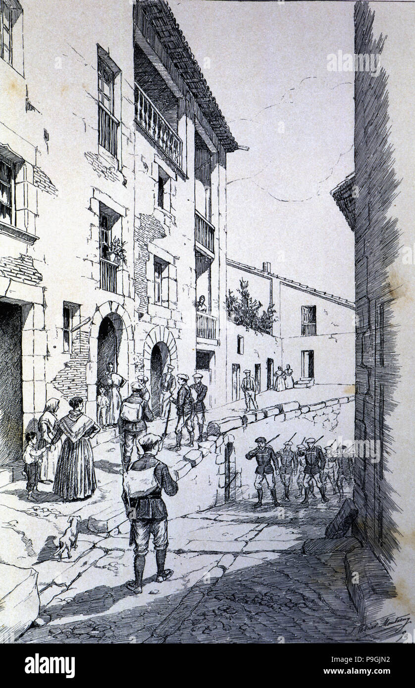 Dritte Wagenliste Krieg (1872-1876), die Unterbringung der Wagenliste Truppen in einem Dorf in Katalonien, engra… Stockfoto
