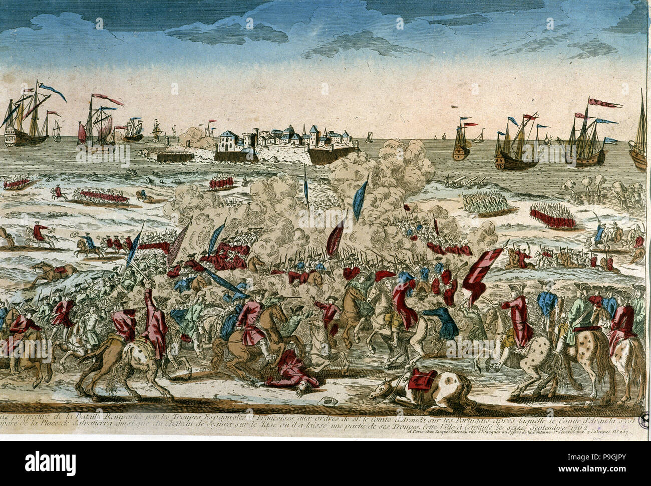 Invasion von Portugal. (1762). "Von Salvatierra am 16. September 1762", Kupferstich, koloriert. Stockfoto