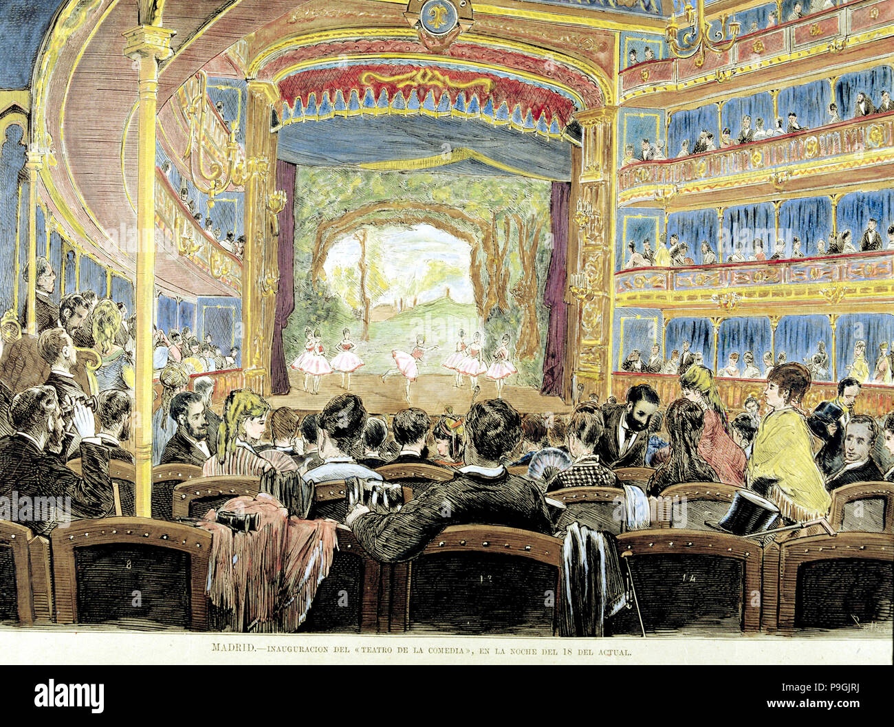 Einweihung des Comedy Theater 1875, Kupferstich, koloriert 'La Ilustración Española y Americana". Stockfoto