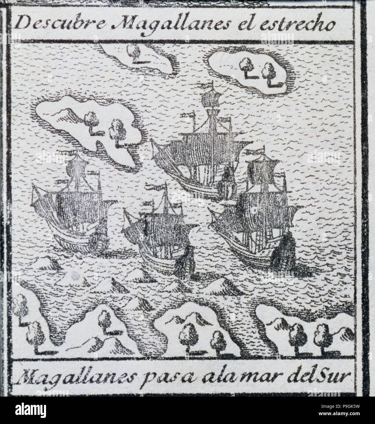 Der Bestand der Schiffe, Trinidad, geführt von Magellan, Concepción, San Antonio und Victoria auf dem Weg zum ... Stockfoto