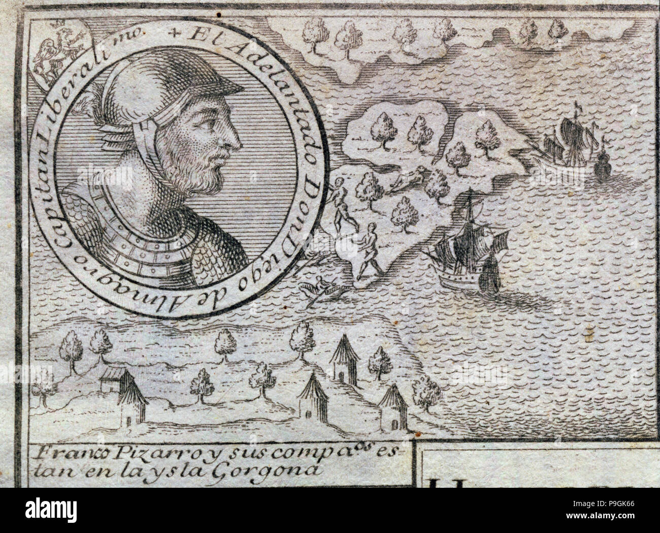 "Francisco Pizarro und seine Begleiter sind auf der Insel Gorgona", Kupferstich von 1726, mit der… Stockfoto