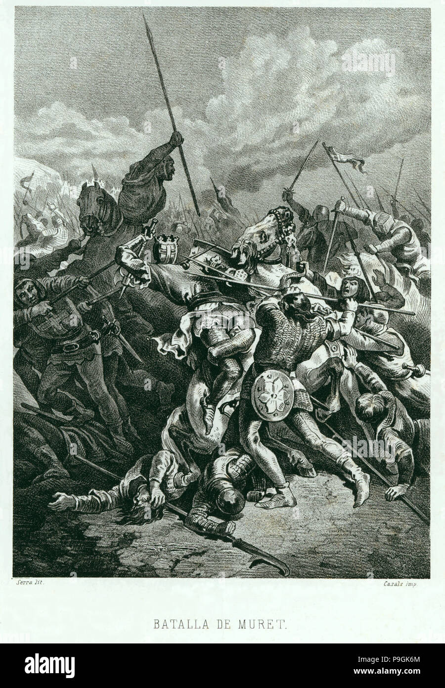 Schlacht bei Muret, 1213, König D. Pedro II. von Aragon starb in der Schlacht, Gravur. Stockfoto