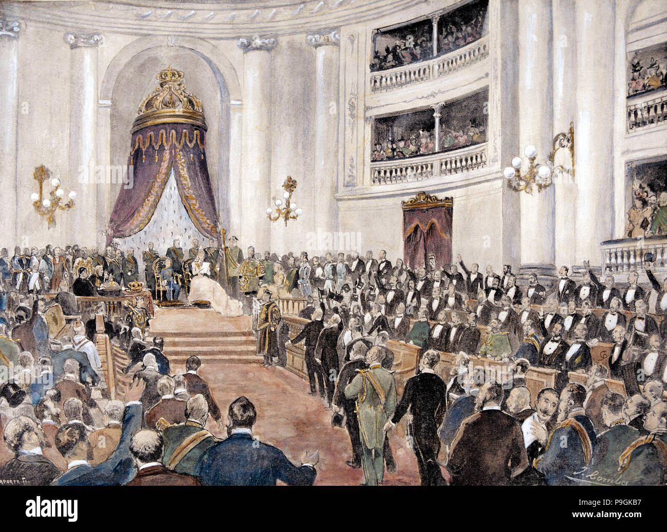 Öffnung des Parlaments von Königin Maria Christina Habsburgo mit ihrem Sohn Alphonse' 1898, Zeichnen … Stockfoto