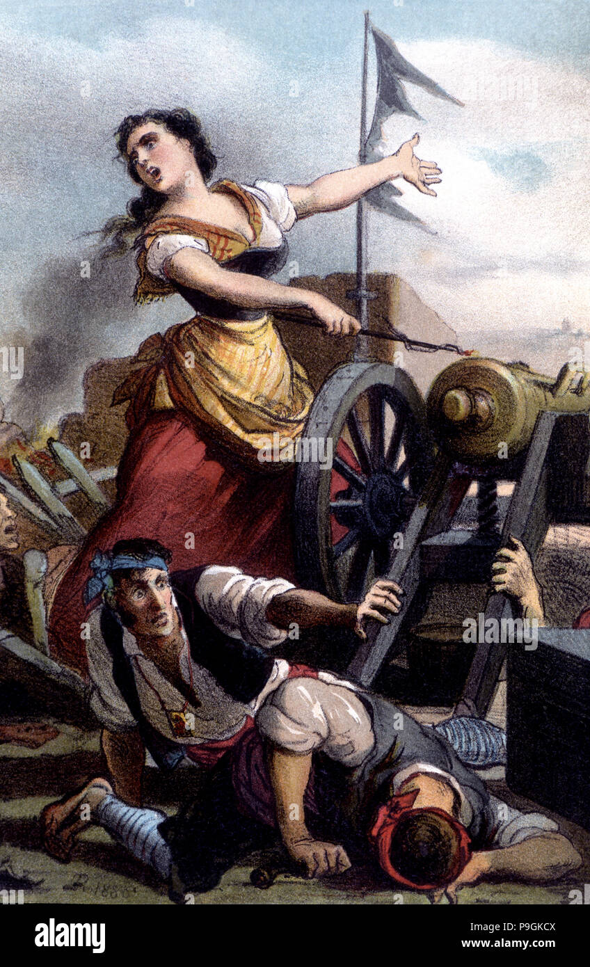 Krieg der Unabhängigkeit, der Belagerung von Saragossa, Augustinus von Aragon die Kanone auf Portillo Feuern in… Stockfoto
