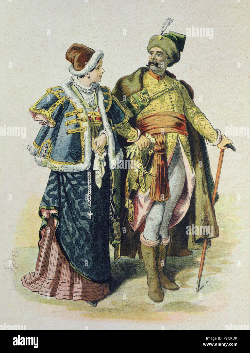 Kostüme von den polnischen Adel getragen im 17. Jahrhundert, Zeichnung, 1885. Stockfoto